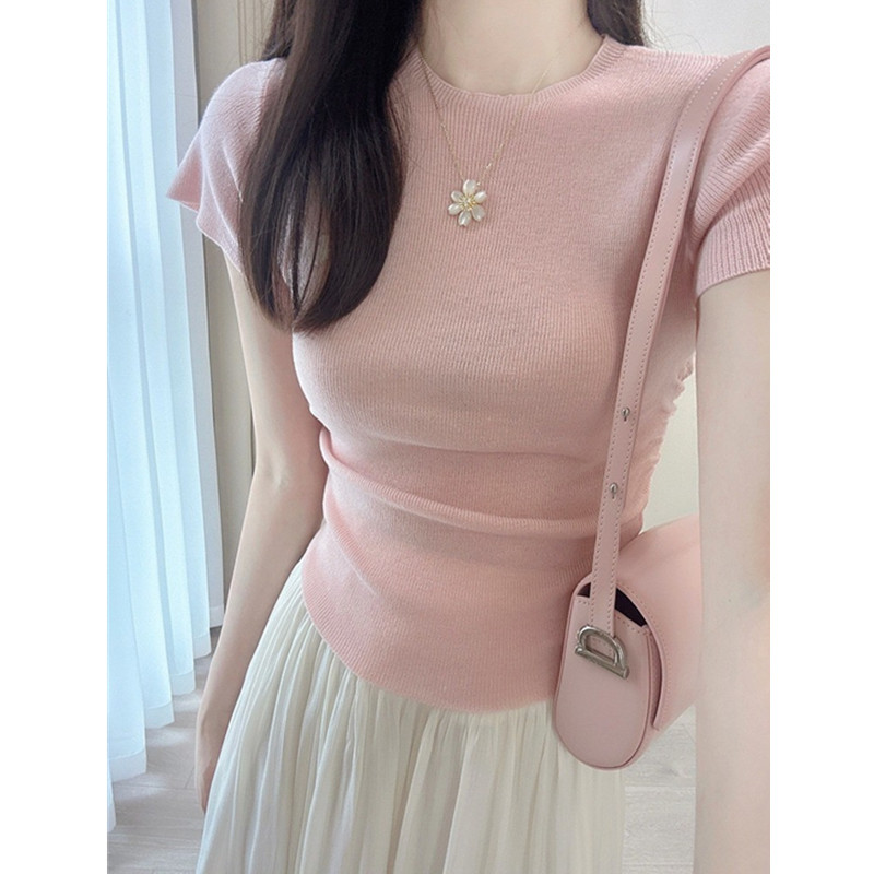 Front shoulder pink ice silk short-sleeved t-shirt women's summer French chic unique design sense niche slim-fit knitted top