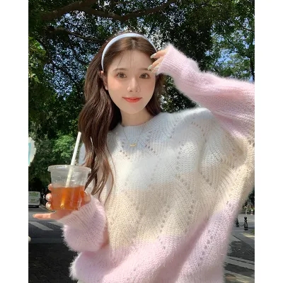Korean style lazy wind outer wear hollow long-sleeved sweater women's autumn new sweet design sense niche pullover sweater