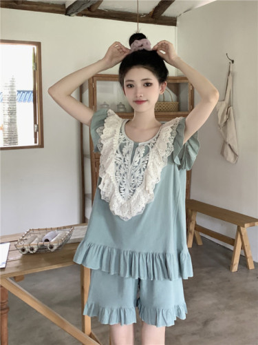 Korean version of sweet lace princess style lotus leaf edge cotton solid color outerwear loose home service suit