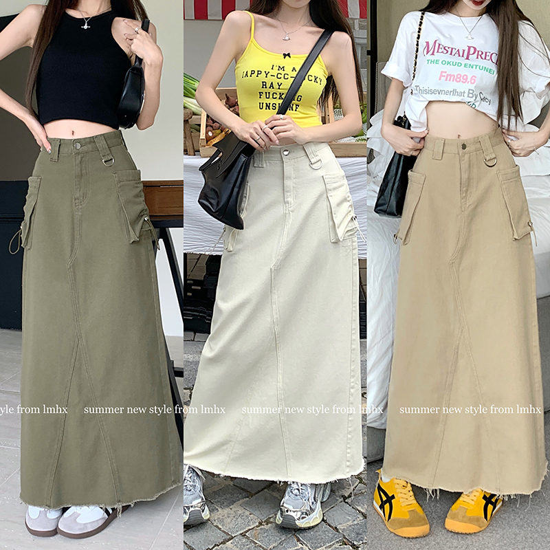 2023 summer new tooling pocket raw edge denim skirt women's all-match high waist a-line long skirt
