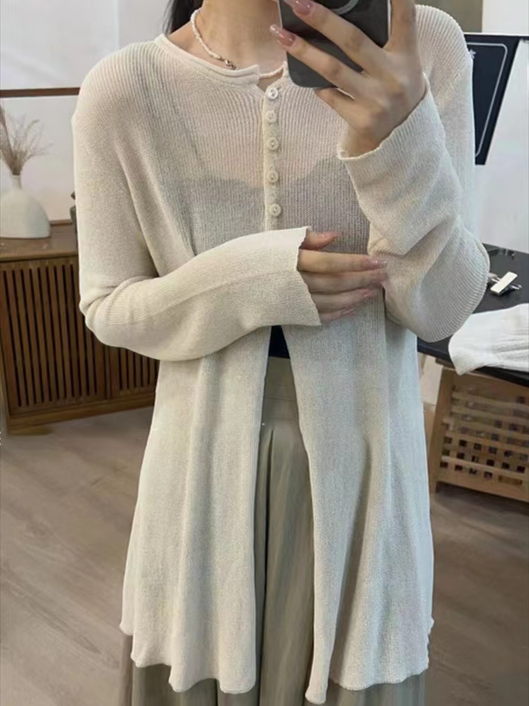 Sunscreen cardigan female hollow ice silk knitted sweater female 2023 new summer thin section long-sleeved slit outside smock female