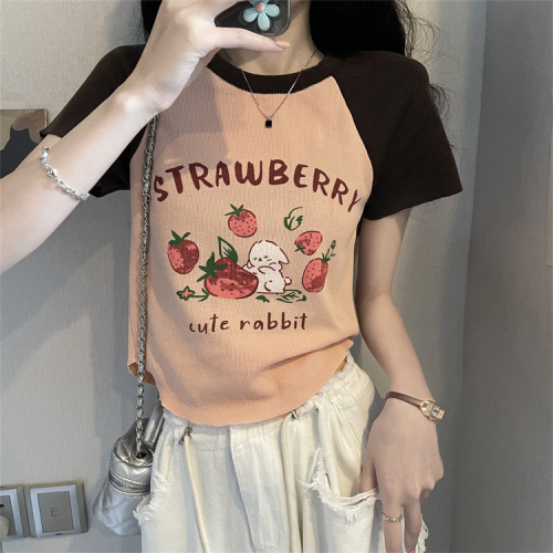 Real price real hot girl style age reduction all-match retro print hit color casual T-shirt slim short-sleeved women's summer