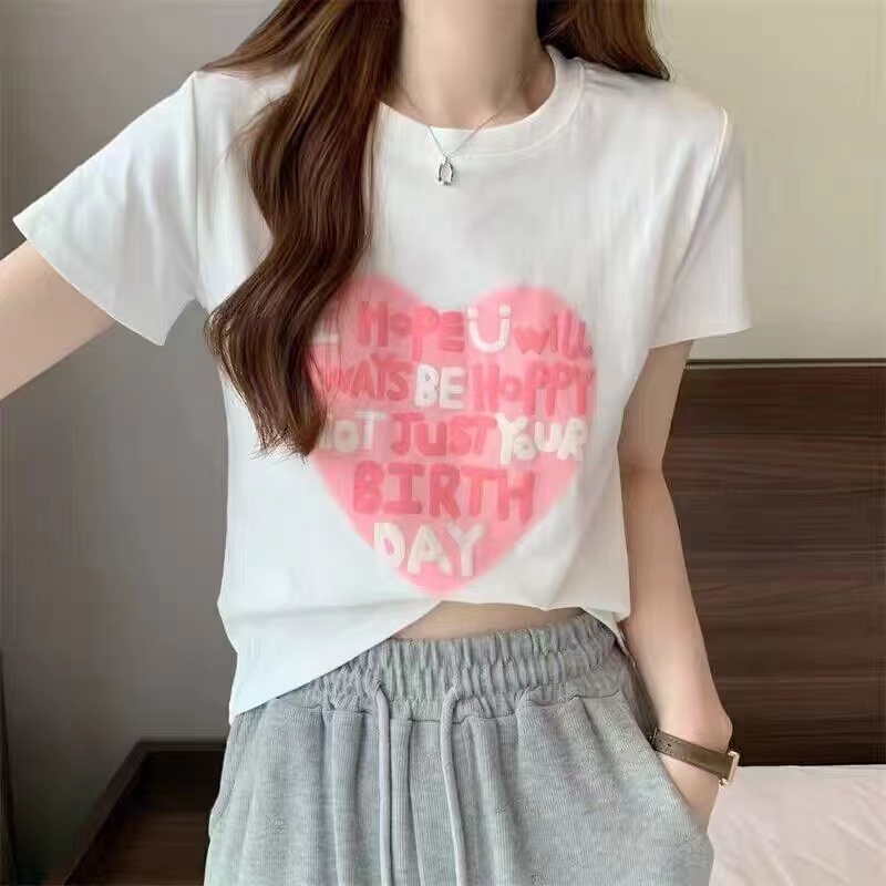 # 40pcs + 92% cotton + 8% spandex sweet love shoulder short-sleeved T-shirt for women