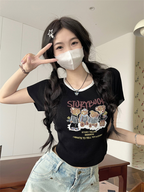 Real price real shot showing thin and irregular short tops for age reduction American style contrast color printed short-sleeved t-shirt summer
