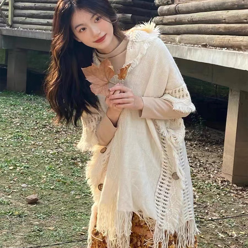 Milky white hooded cloak women's spring and autumn new forest style Japanese style gentle hollow tassel pullover sweater