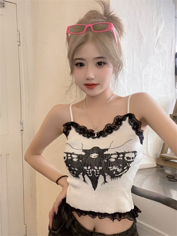 Lace Stitching Design Sense Small Camisole Women's Inner Print Slim Gothic Top