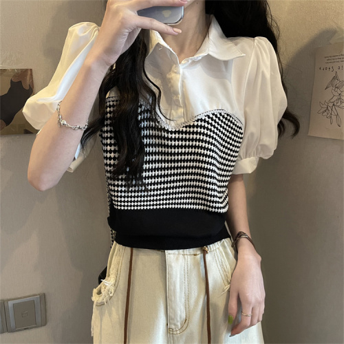 Niche color-blocking striped knitted suspenders splicing puff sleeve shirt fake two-piece short top