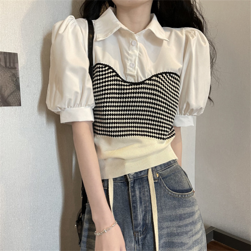 Niche color-blocking striped knitted suspenders splicing puff sleeve shirt fake two-piece short top