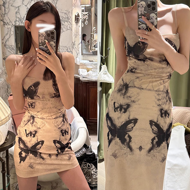 SUNNEOE Butterfly Dress Women's Summer French Ink Print Waist Slim Slim A-line Sling Skirt