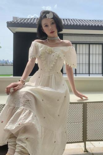 French holiday thin retro embroidery printing summer gentle style temperament waist sweet dress female
