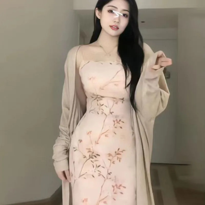 Gentle and soft misty rain into the south of the Yangtze River new Chinese style dress summer slightly fat and thin broken floral long suspender skirt