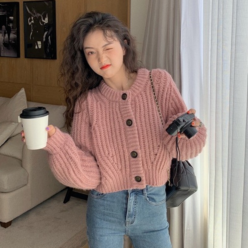 2023 Korean version solid color early autumn lantern sleeve top loose knitwear soft cute new women's sweater salt coat