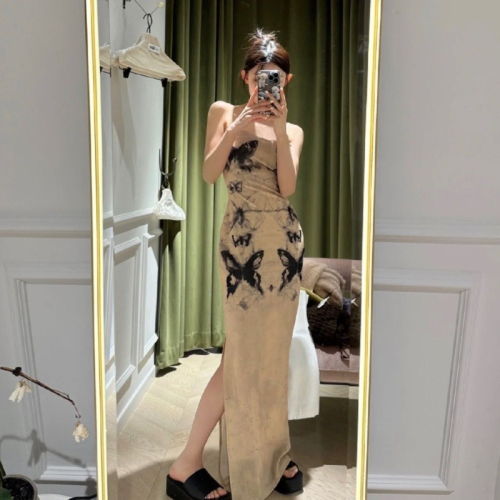 SUNNEOE Butterfly Dress Women's Summer French Ink Print Waist Slim Slim A-line Sling Skirt