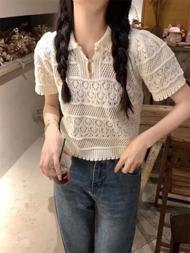 Solid color hollow lapel knitted short-sleeved T-shirt women's new retro small casual all-match tops