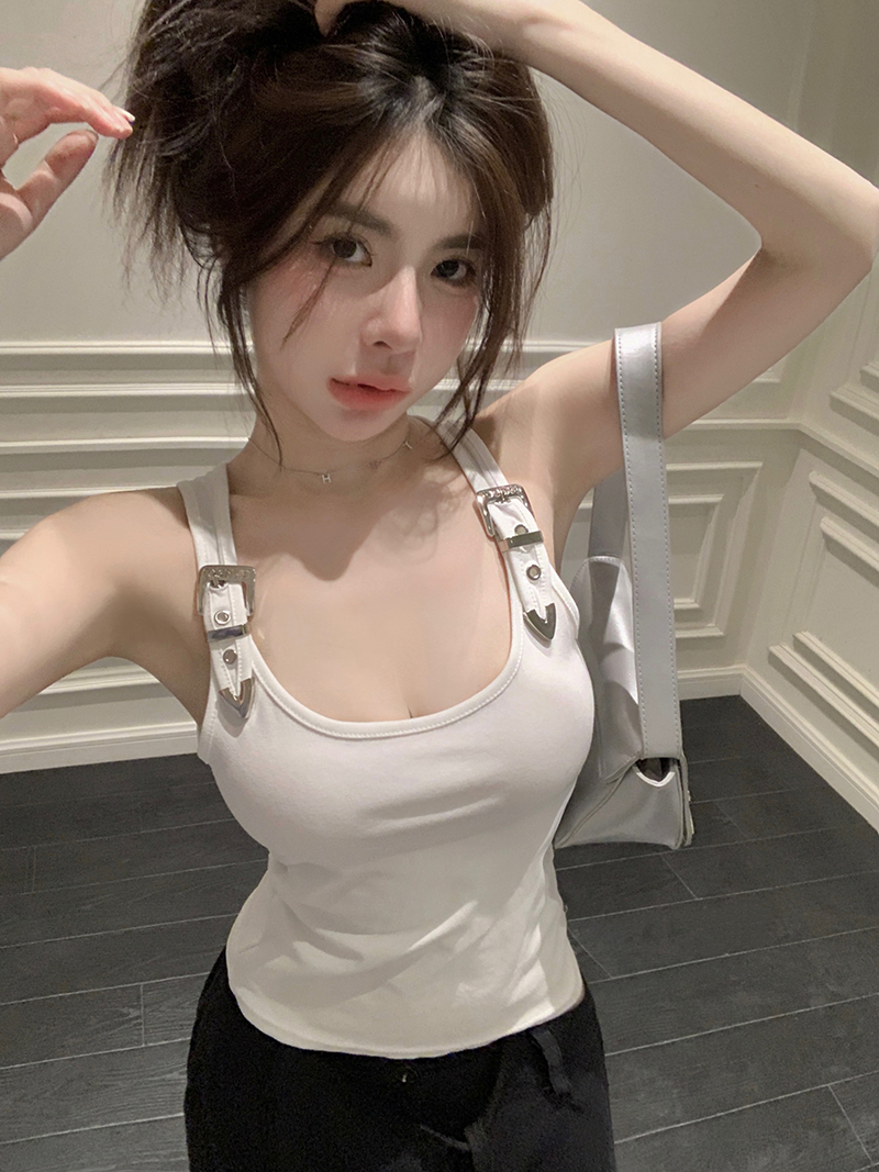 !  Minority design sense metal buckle simple top solid color all-match I-shaped vest female 2123