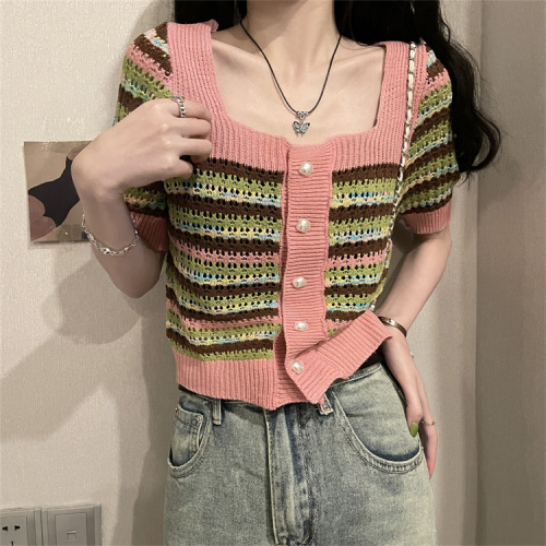 Real price real shot striped square collar knitted cardigan small jacket women's summer design sense niche all-match short-sleeved top