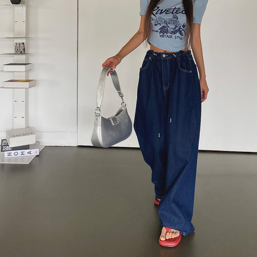 High-rise drawstring relaxed wide-leg straight-leg jeans