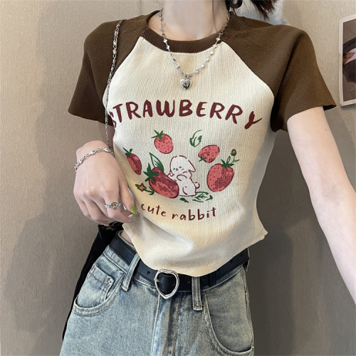 Real price real hot girl style age reduction all-match retro print hit color casual T-shirt slim short-sleeved women's summer