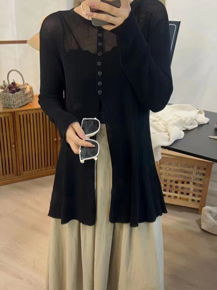 Sunscreen cardigan female hollow ice silk knitted sweater female 2023 new summer thin section long-sleeved slit outside smock female