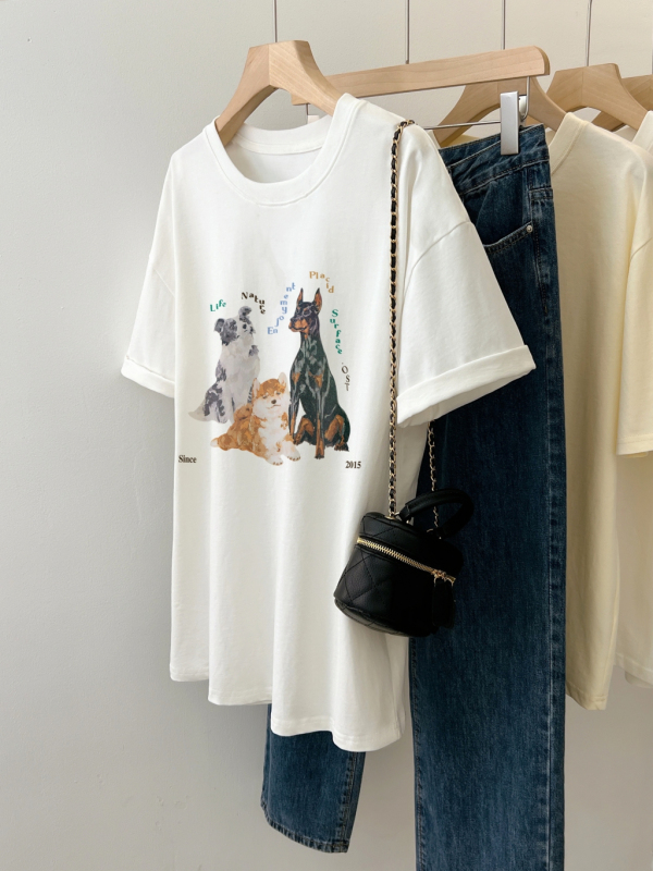 100% cotton combed cotton printed summer short-sleeved T-shirt female loose Korean version