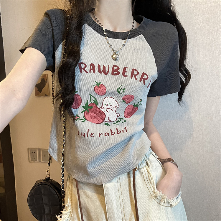 Real price real hot girl style age reduction all-match retro print hit color casual T-shirt slim short-sleeved women's summer