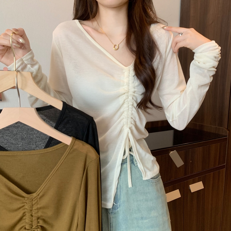 New Korean version design sense V-neck drawstring irregular hem slim fit air conditioning sunscreen shirt