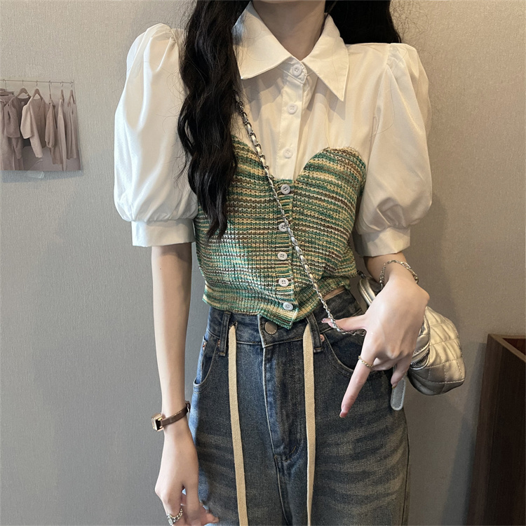 Real price real shot knitted fake two-piece shirt female design sense niche short shirt Polo collar top summer