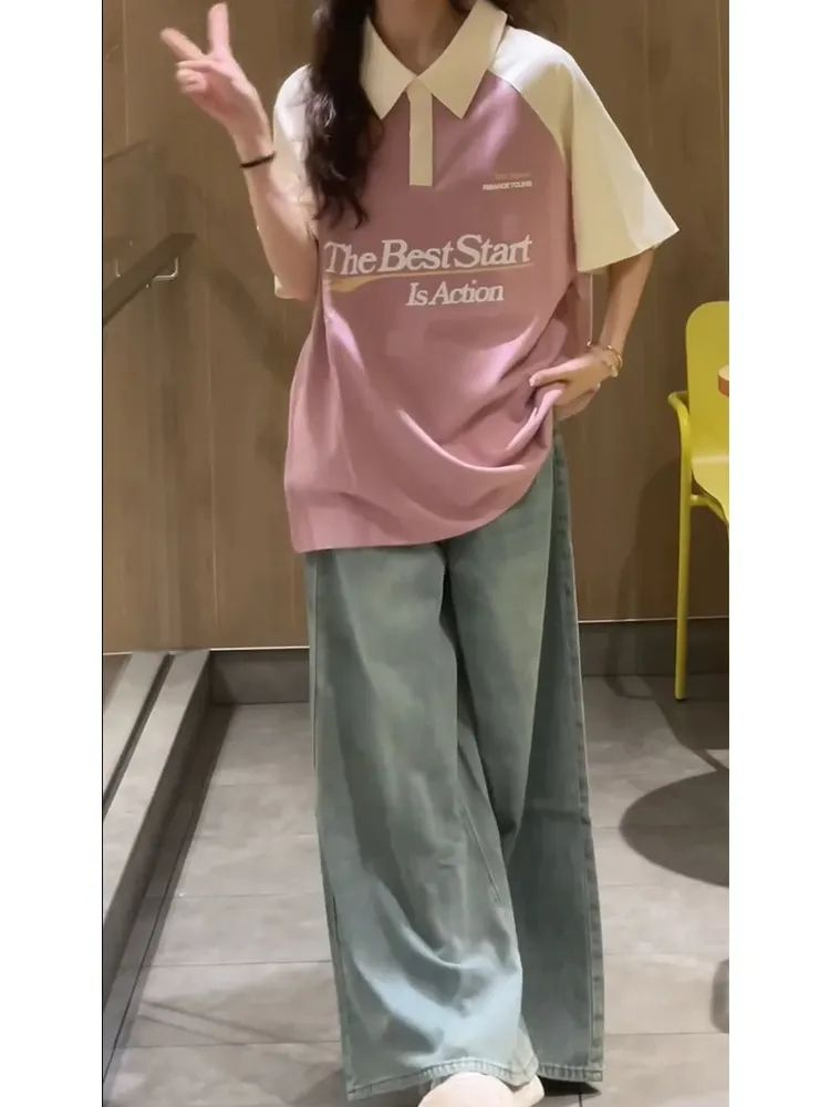 Summer milk silk POLO collar insert color loose short sleeves