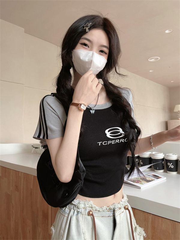 Real price real shot American retro hot girl front shoulder short-sleeved t-shirt female contrast color raglan sleeves slim short top