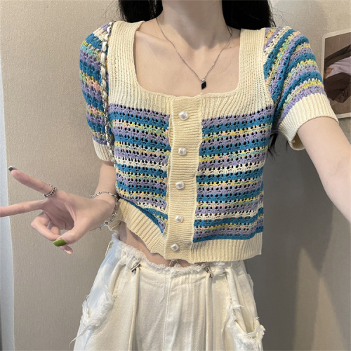Real price real shot striped square collar knitted cardigan small jacket women's summer design sense niche all-match short-sleeved top