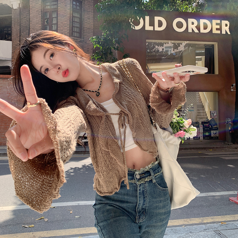 Zeng Xiaoxian knitted cardigan women's summer thin niche design hollow strap short chic sun protection shirt top