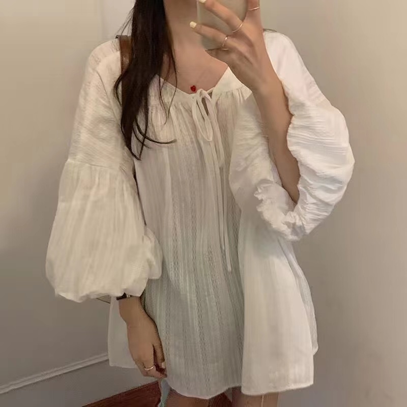 Korean chic retro western style deep V-neck collarbone tie design loose large swing lantern sleeve shirt top