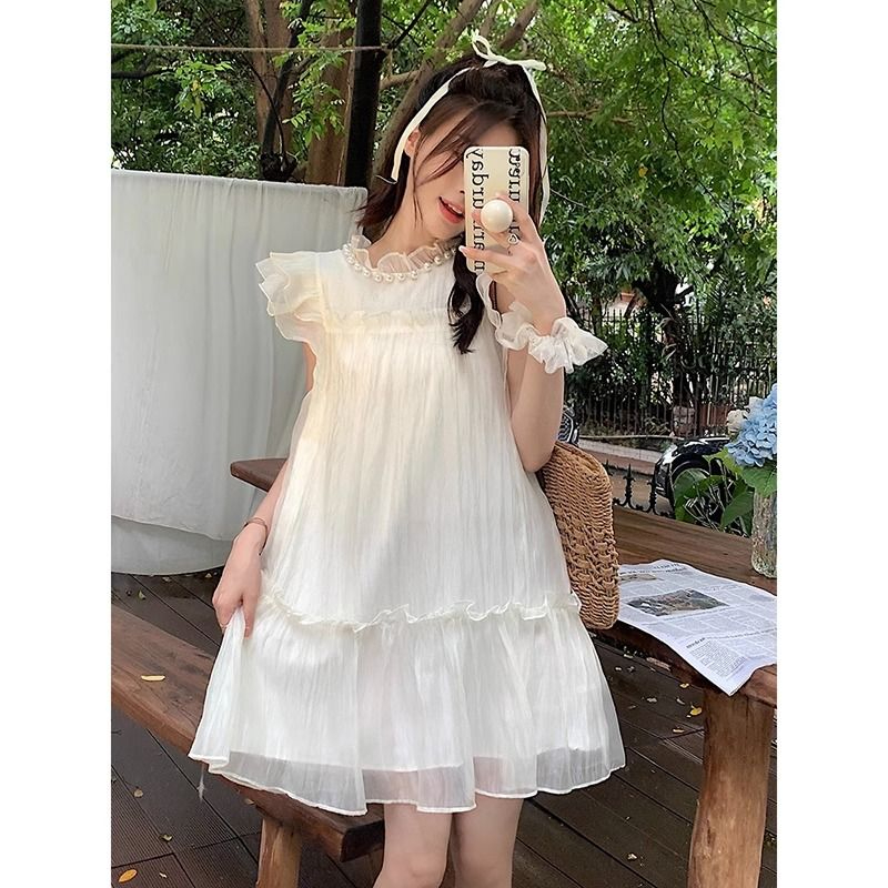 Feifei sleeve chiffon dress women's new summer style fungus-edged pearl stand-up collar high-end loose platycodon skirt