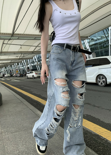 Spice Girls Loose High Waist Slim Wide Leg Mopping Pants Ripped Jeans Women
