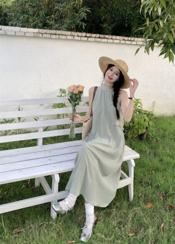 ~Vintage round neck with wooden ears hanging neck slim long dress chiffon sleeveless holiday style skirt