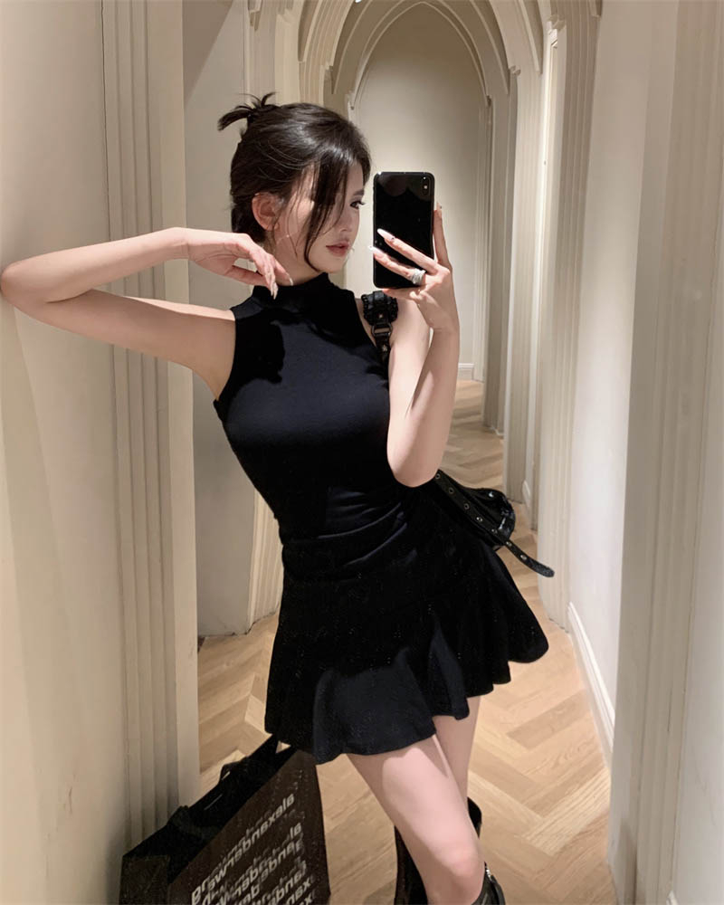 French Vintage Style Black Sleeveless Dress Women's Summer Half High Neck Slim Fit Ruffle Edge A-line Skirt Short Skirt