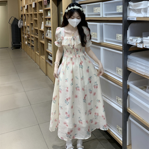 Chiffon + lining + wrapping age-reducing sweet pink floral dress 2023 summer new square neck puff sleeve dress