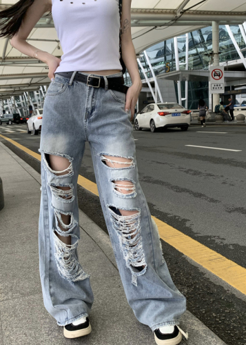 Spice Girls Loose High Waist Slim Wide Leg Mopping Pants Ripped Jeans Women