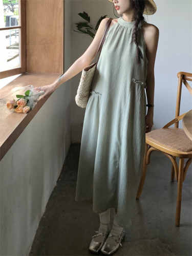 ~Vintage round neck with wooden ears hanging neck slim long dress chiffon sleeveless holiday style skirt