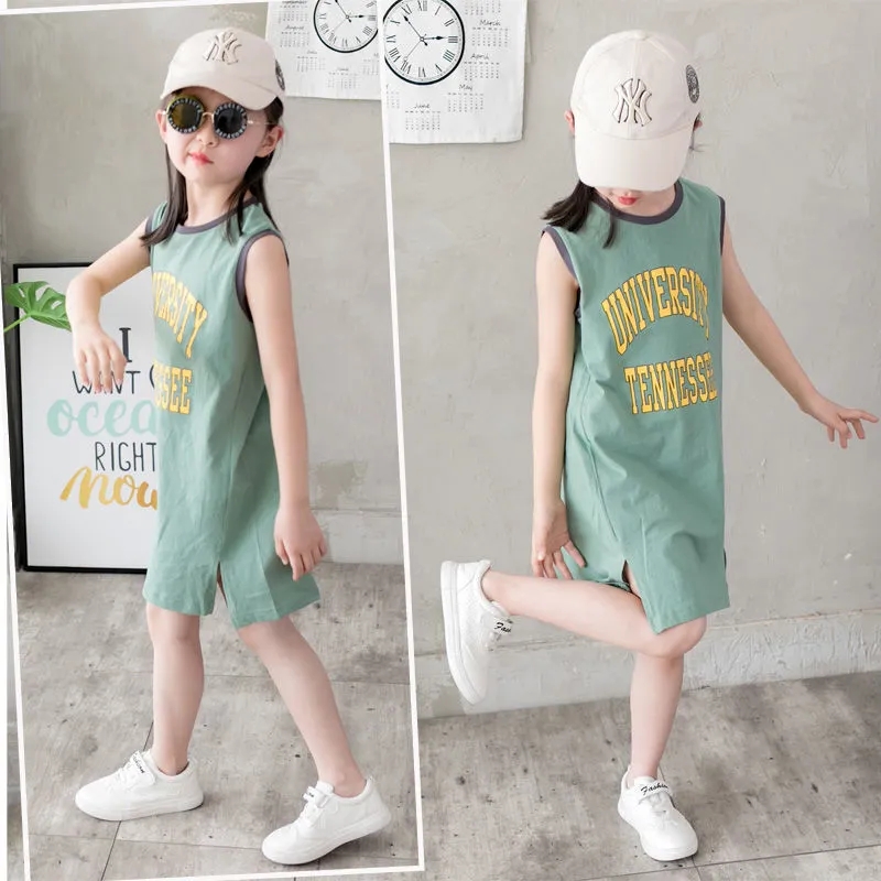 Girls summer new children's middle-aged and older children's nightdress sleeveless dress girl's mid-length suit girl's t-shirt skirt