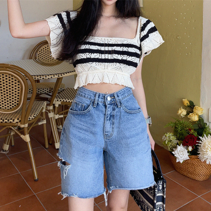 Side ripped wide-leg pants High-rise denim shorts
