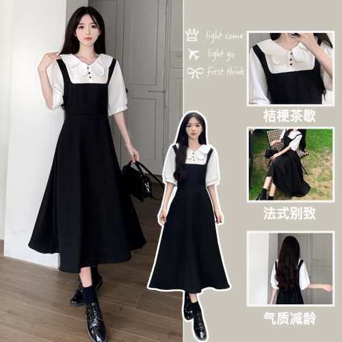 2023 summer French niche design sense fake two-piece doll collar dress female waist slimming dress