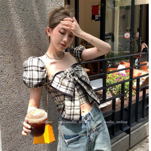 Spice Girl Tops Bowknot Plaid Shirt Women 2023 Summer New Square Neck Puff Sleeves