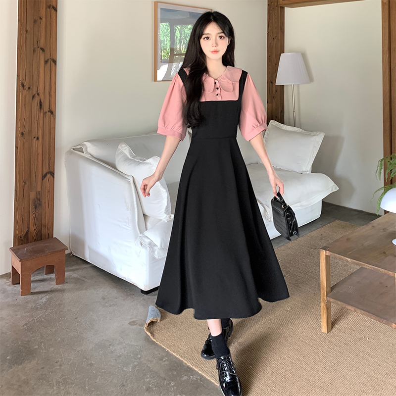 2023 summer French niche design sense fake two-piece doll collar dress female waist slimming dress
