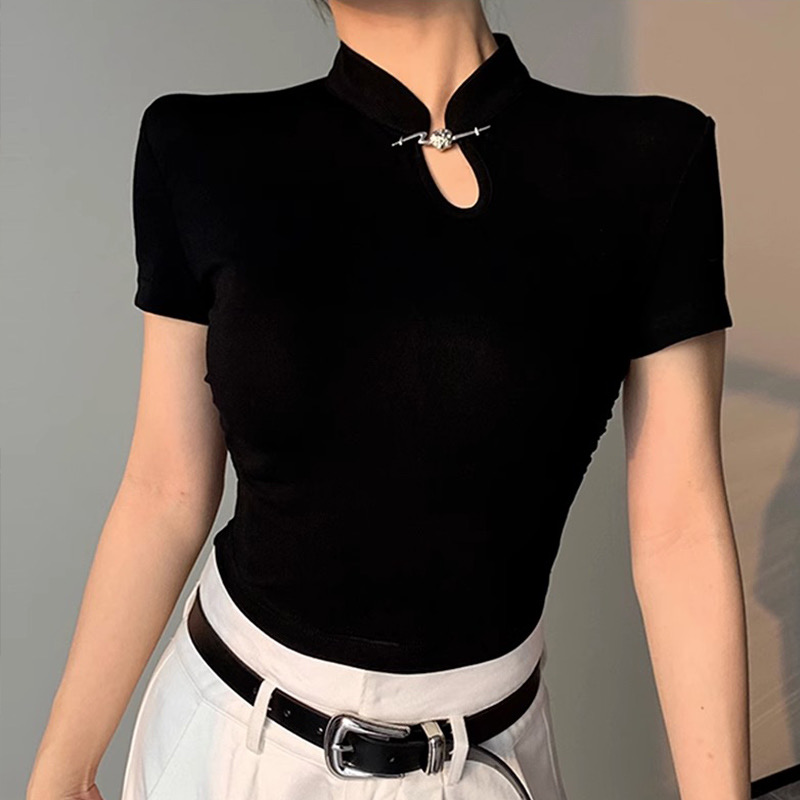 Design sense small crowd improved cheongsam Chinese style national wind top black shoulder short-sleeved t-shirt female summer