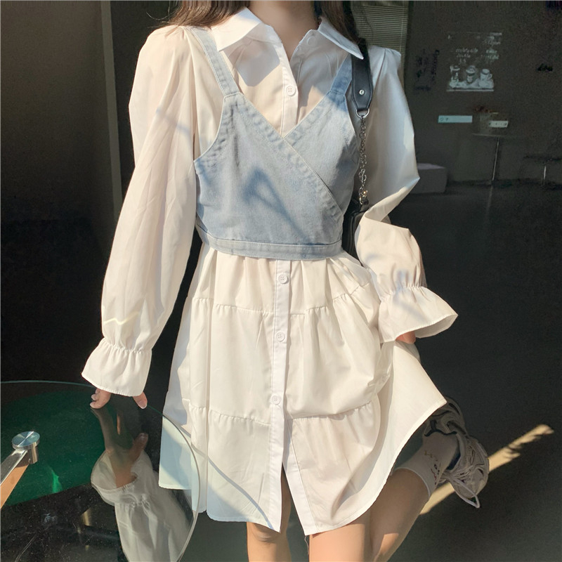 Autumn thin section 2023 new retro waist design sense long-sleeved polo collar denim suspender skirt women's two-piece set