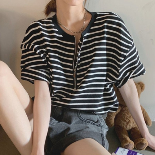 Striped short-sleeved striped zipper short-sleeved T-shirt women's summer new personality street round neck large size loose all-match