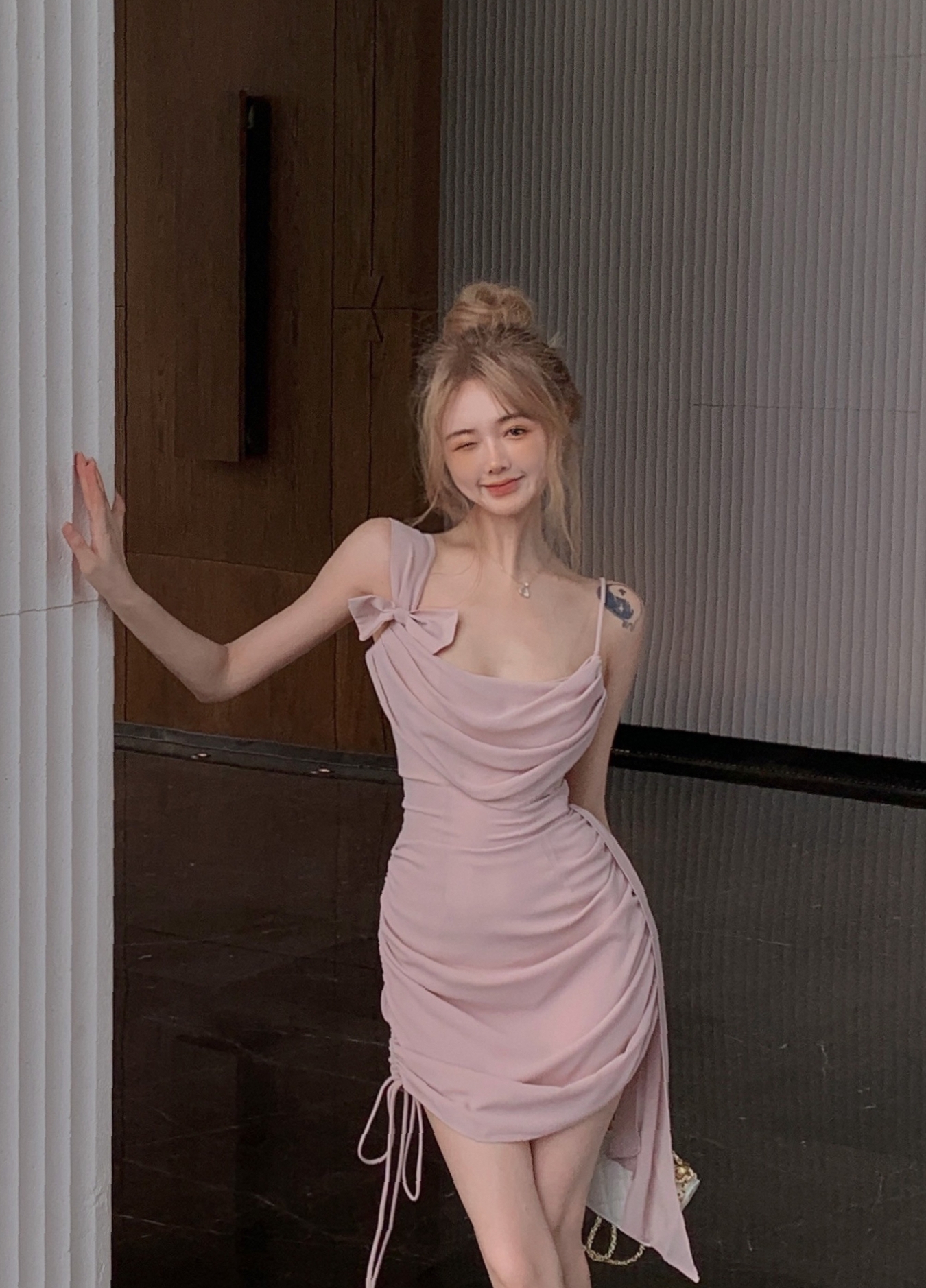 ~Pure Desire Style Irregular Shoulder Straps Dangling Collar Fold Ribbon Hip Dress Drawstring Suspender Skirt