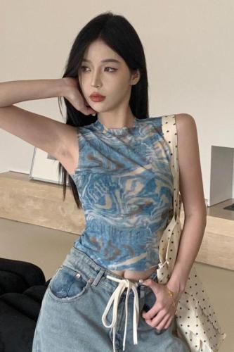 Summer European and American hot girls sexy perspective abstract printing mesh slim fit outer tower sleeveless vest top women