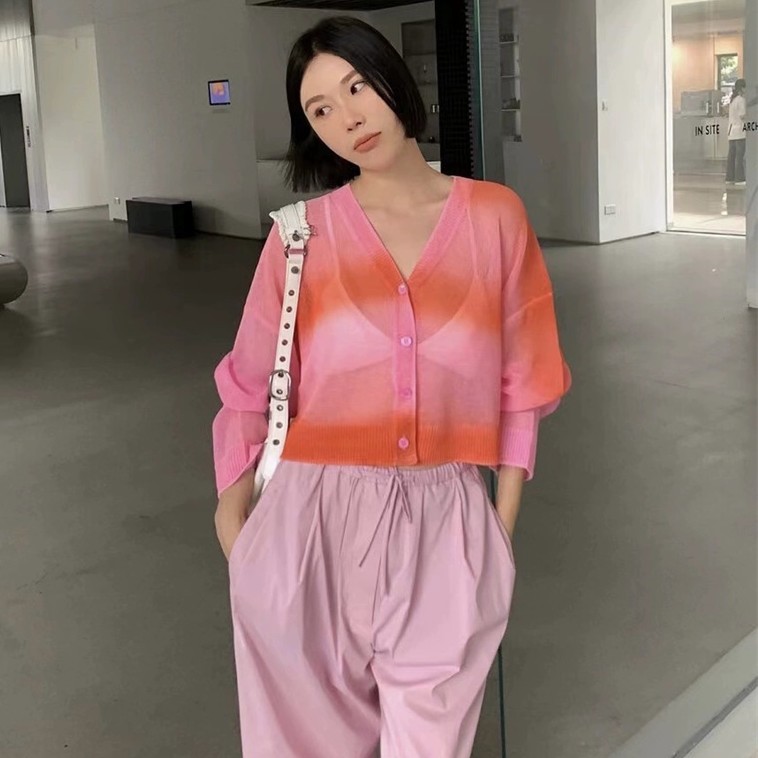 2023 craft tie-dye autumn and winter Korean Dongdaemun knitting net red same style GLYP tide brand rainbow cardigan sweater women